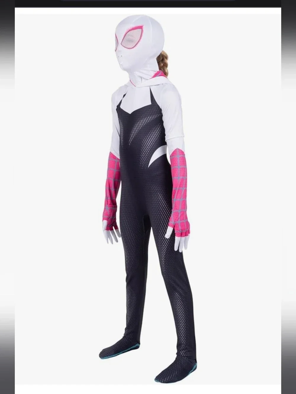 Spider Gwen Kids Superhero Hooded Jumpsuit in White, Black and Pink Size L